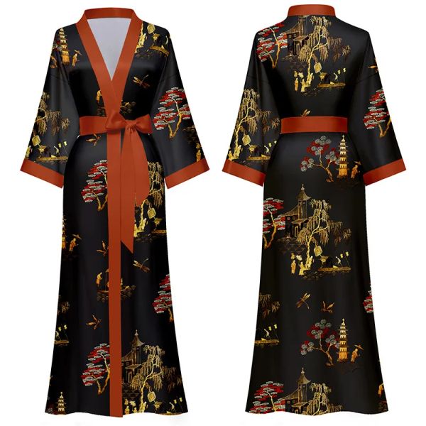 Kleider neuer Frühlings Sommer Frauen langer Robe Kimono Bademantel Kleid sexy schwarze Druck Nachthemd Nachthemd lässig halb Ärmel Satin Home Kleid