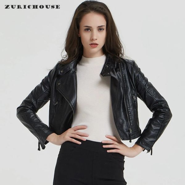 Jacken ZURICHOUSE 2024 Lederjacke Damen Mode Stehkragen Schlanke Kurze Bikerjacke Frühling Motorrad Kunstlederjacke Damen