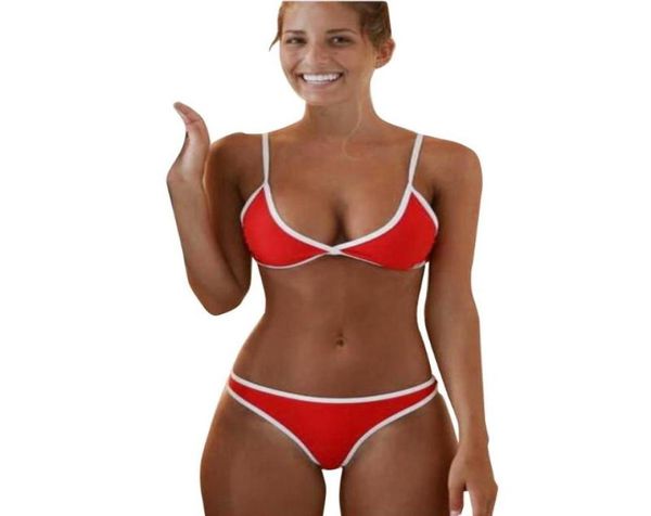 Mulheres sexy roupa de banho praia duas peças conjunto biquíni pushup acolchoado sutiã vermelho maiô branco borda brasileira esportes maiô 72 wom6050949