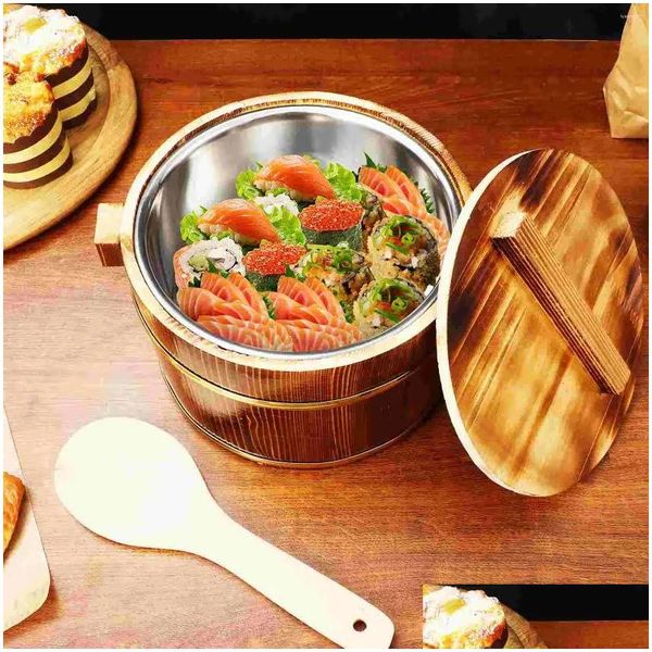 Geschirr-Sets Reisfass Müslibehälter Holz Restaurant Eimer Dampfgarer Sushi Kühlschüssel Kochen mit Deckel Küche gedämpftes Fass Otryn