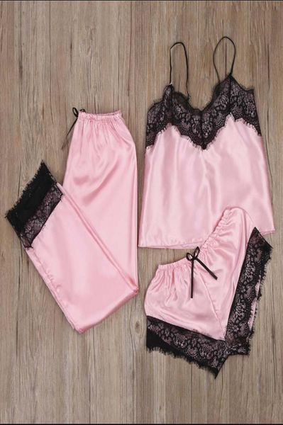 Women039s Sleepwear Lingerie Sexy Silk Like Set Pigiama di pizzo senza maniche Cute Cami Babydoll Scollo a V pigiama mujer Tre pezzi Sui4939738