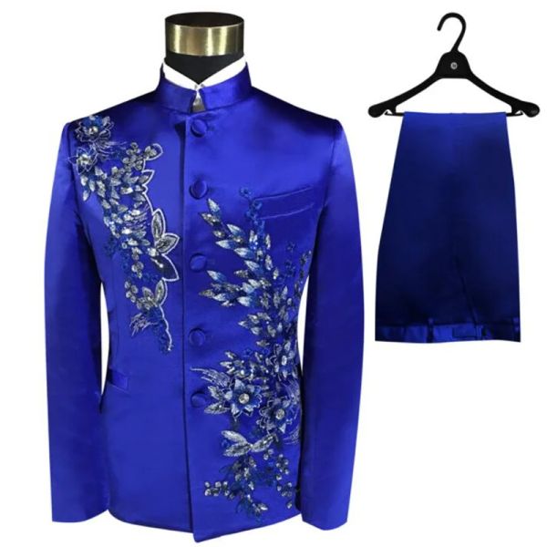 Ternos de terno blazer masculino chinês de túnica com calças masculino ternos de casamento figurista cenário bordado azul vestido formal esbelto