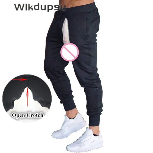 Sweatpants sweatpants dos homens sexy invisível zíper duplo aberto virilha calças ropa hombre treino calças casuais ginásio roupas de fitness