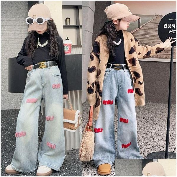 Jeans Moda Grandi Ragazze Vecchi Bambini Asciugamano Lettera Pantaloni di Jeans Ricamati 2024 Primavera Adolescenti a Gambe Larghe Pantaloni da Cowboy Z6925 Drop Deliv Ott8I