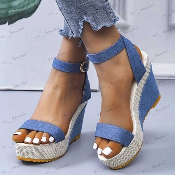 Sandali New Buckle Decor Denim cinturino alla caviglia sandali con zeppa estate piattaforma esterna diapositive 2023 fondo spesso scarpe da donna sandali femminili T240306