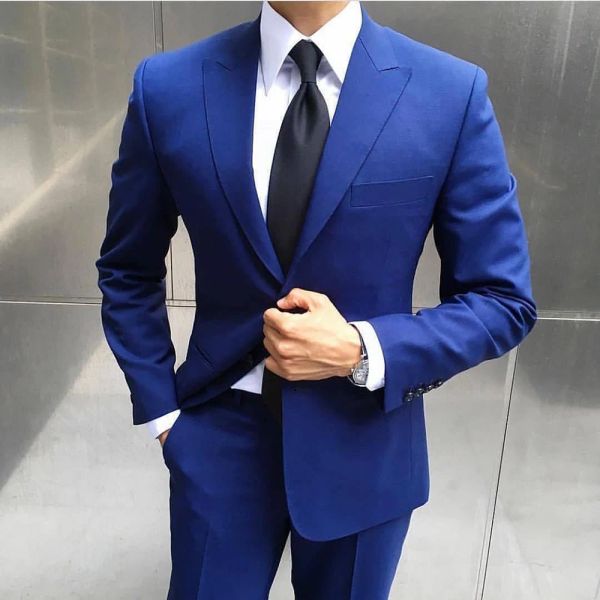 Anzüge für Herrenanzüge Bräutigam Royal Blue Kostüm Blazer Single Breasted Peaked Revers Two -Tie