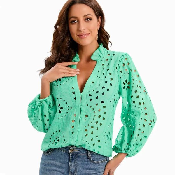 Женская кружевная рубашка, блузка с вышивкой, белая, синяя, зеленая, розовая, розовая, летняя одежда, современные топы Blusa для девочек 240223