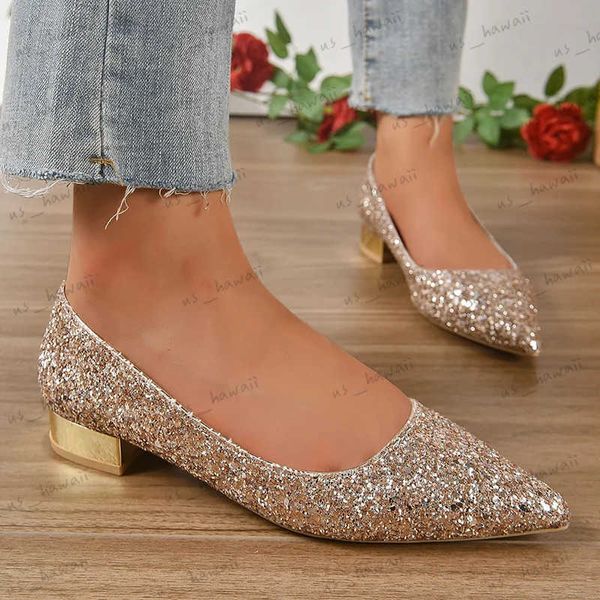 Kleid Schuhe Plus Größe 42 Low Heels Pumps Frauen 2023 Neue Glänzende Pailletten Gold Party Schuhe Frau Spitze Zehe dicken Absätzen Damen Hochzeit Schuhe T240302