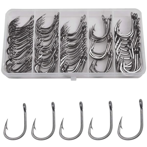 Fishhooks 100pcs/kutu canlı yem çemberi balıkçılık kancaları 2x güçlü paslanmaz çelik keskin nokta tuzlu su balıkçılığı kanalı için kanca yemi