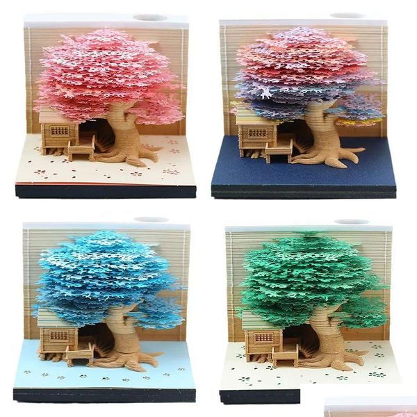 Calendario Calendario all'ingrosso Romantico Treehouse 3D Memo Pad Carta Intaglio Blocco note con luci a LED Decorazione domestica Ornamenti Appiccicoso Dhql6