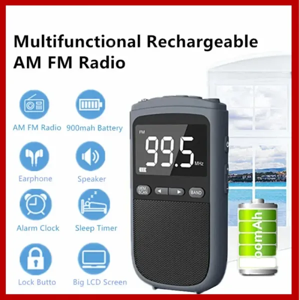 Radyo Mini Açık Hava Yayını AM/FM Taşınabilir Radyo Cep Alıcı Stereo Hoparlör Çalar Saat ile Şarj Edilebilir Radyo
