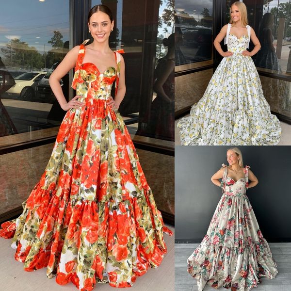 Bedrucktes Blumen-Abschlussballkleid mit Schleifenträgern, Ballkleid, Festzug für den Winter, formelles Winter-Abendkleid für besondere Anlässe, Gala, Heimkehr, schwarze Krawatte, übergroße Rüschen