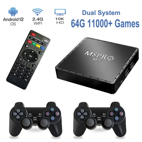 Consoles Mini Game Box 4K Retro Video Game Console 64G 11000 Jogos 2.4G Controlador Sem Fio Jogos 3D Wifi Android 12 TV Box