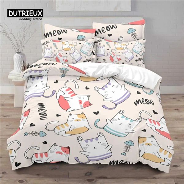 Definir luxo 3D Cute Cat Print Home Living Living Confortável Tampa de edredão Fronha infantil Conjunto de roupas de cama Rainha e Rei UE/EUA/AU/UK Size cortinas puras