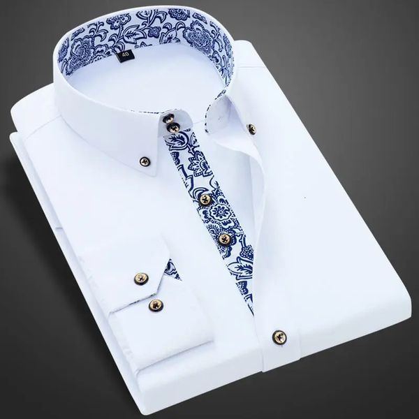 Сине-белая рубашка с фарфоровым воротником, мужская рубашка с длинным рукавом в Корейском стиле SlimFit, повседневные деловые классические рубашки, однотонная белая рубашка, хлопок 230226
