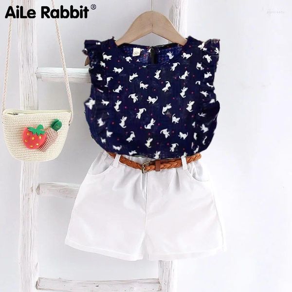 Conjuntos de roupas Aile Rabbit 2024 Verão Meninas Roupas Ternos Moda Floral Chiffon Top Branco Shorts 2 peças Set Polka Dot Girl's Terno Presente