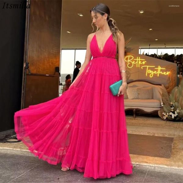 Partykleider Itsmilla Rosa A-Linie formelles Abendkleid mit tiefem V-Ausschnitt, abgestuftes Tüll-Abendkleid, rückenfrei, für Hochzeit, Vestidos de Fiesta