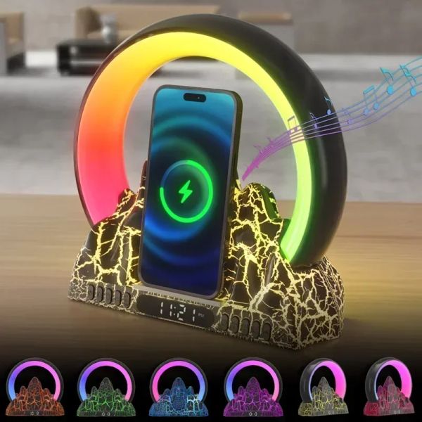 Altoparlanti Sveglia da 15 W Caricabatterie wireless Controllo app Atmosfera RGB Luce notturna Ausilio per il sonno Altoparlante Bluetooth Radio FM per Iphone Samsung