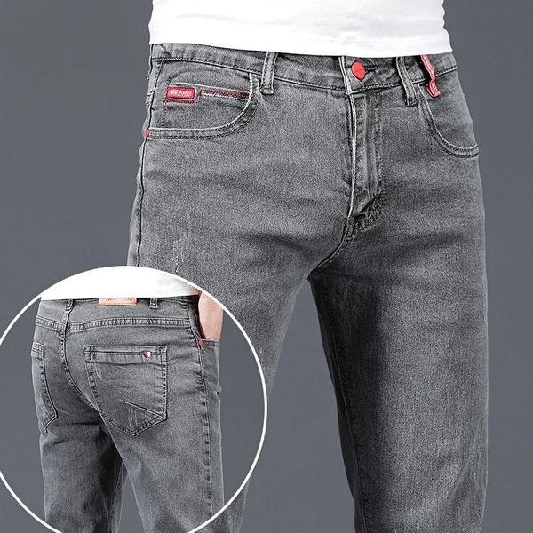 Marca de moda magro cinza azul magro jeans homens negócios casual clássico algodão tendência elástica juventude lápis denim calças 240227