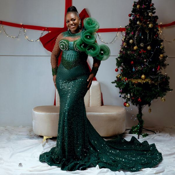 Africano Nigéria Aso Ebi Vestidos de baile Vestidos de noite Hunter Green Mangas compridas Jewel Lantejoulas Lace Vestidos formais elegantes para ocasiões especiais Aniversário Menina AM432