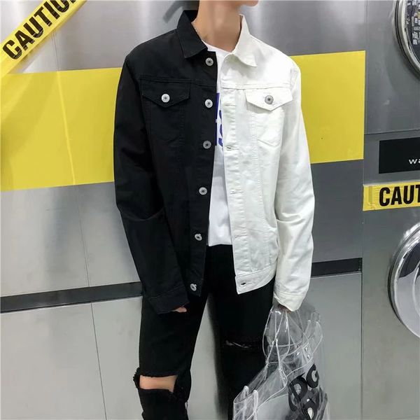 Homens streetwear preto branco dois tons retalhos fino ajuste jean jaquetas motocicleta homem hip hop algodão casual denim jaquetas casacos 240227