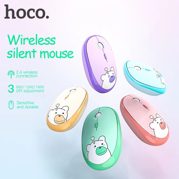 Ratos HOCO Colorido Portble Mouse Sem Fio Leve Design Ergonomia Gamer Silencioso Keycaps Gaming USB Óptico para Laptop PC Office