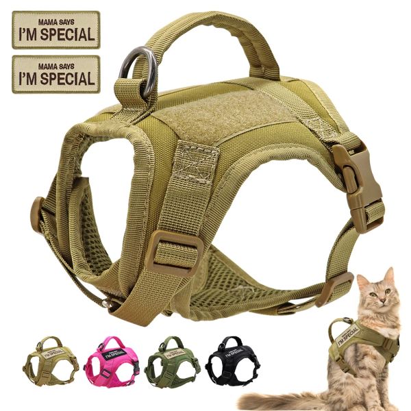 Führt Taktisches Militär-Hundekatzengeschirr aus Nylon, verstellbares Katzen-Welpengeschirr, Weste mit 2 Stück gratis Aufkleber-Patch für kleine Hunde und Katzen