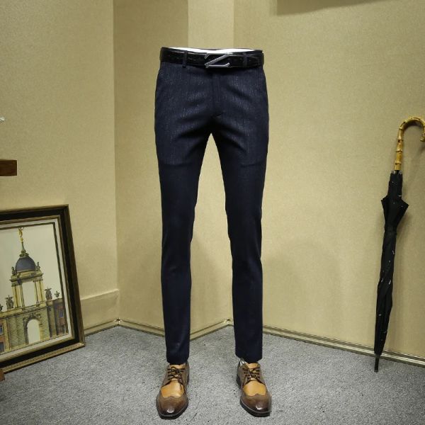 Hosen für Herren, tiefblau, gestreift, formelle Business-Slim-Fit, koreanischer Stil, Bürohose für Herren, Hochzeit, Bräutigam, Übergröße 36