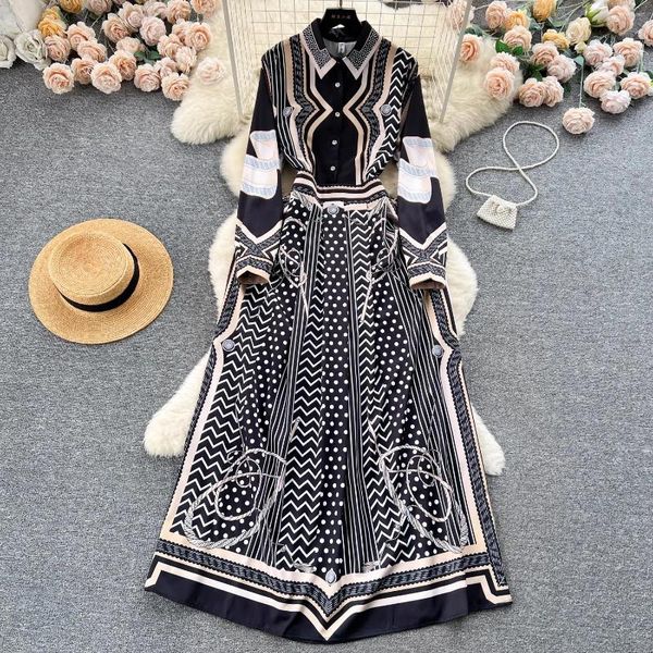 Casual Kleider 2024 Fashion Runway Hemd Maxi Kleid Frauen Langarm Drehen Unten Hals Vintage Streifen Dot Drucken Hohe Taille party Roben 6040