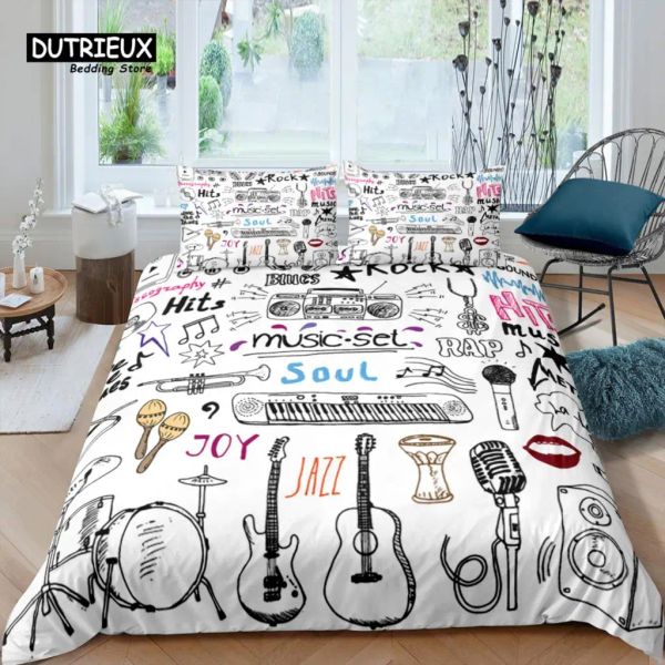 Set Home Living Living Luxury 3D Music Set da letto Set Girls Copriumino set di cuscini Set di biancheria da letto Set Queen e King US/US/AU/UK Times Tende