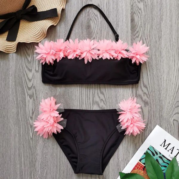 Bademode Blumenmädchen Badeanzug Kinder Schwarz Neckholder Top Mädchen Bikini Set 714 Jahre Mädchen Badeanzug Strandmode Zweiteilige Kinderbadebekleidung