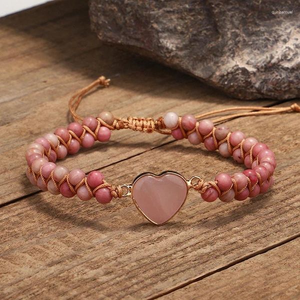 Charm Bilezikler 4mm Rhodonit Pembe Kristal Kalp Kadınlar Bohemia Yoga String Örgülü Sevgili Sarma Bilezik El Yapımı Takı