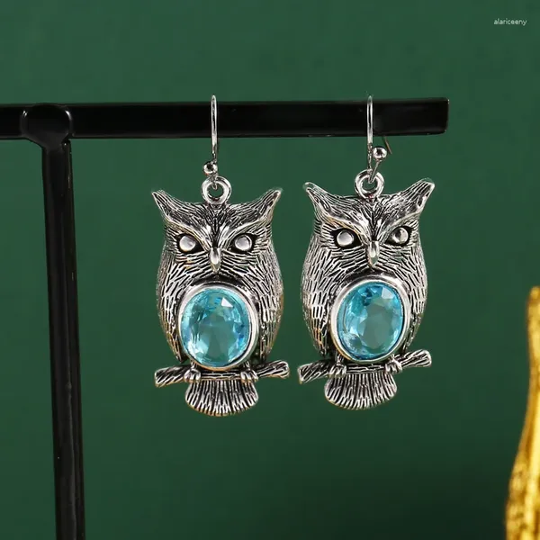 Dangle Brincos Adorável Animal Jóias Vintage Azul Oval Pedra Coruja Gancho Gota Prata Cor Declaração Acessórios de Festa