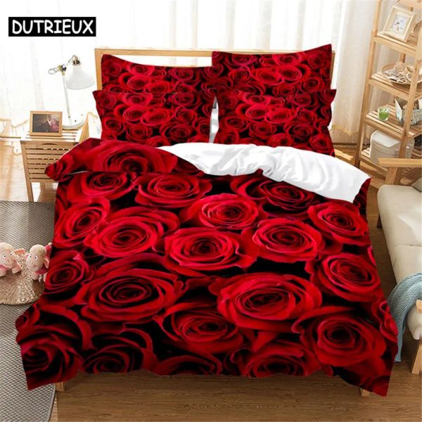 Set Red Rose Bettwäsche Set Duvet Cover Set 3D Bettwäsche Digitale Druckbett Leinen Queen -Size -Bettwäsche Set Modedesign Sheer Hänge Vorhänge