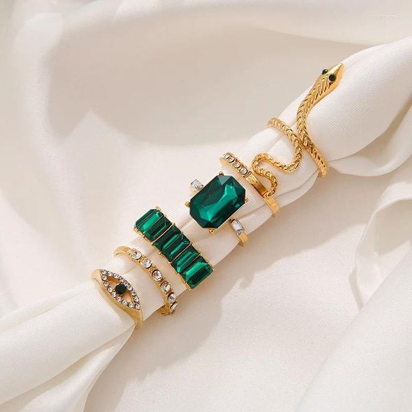 Anéis de cluster ins estilo verde cristal zircão em forma de cobra cor de ouro conjunto moda tendência retro requintado premium festa jóias presente
