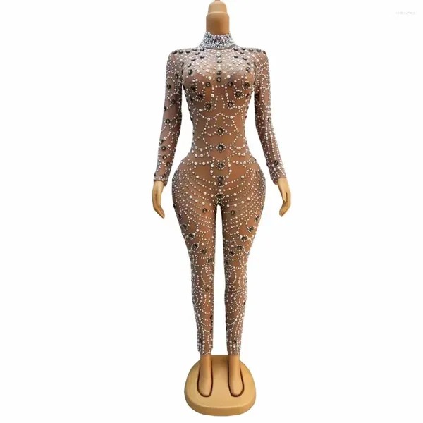 Bühne Tragen Sexy Transparent Mesh Perle Strass Overall Tänzerin Sänger Nachtclub Leistung Stretch Bodysuit Party Tanz Kostüm