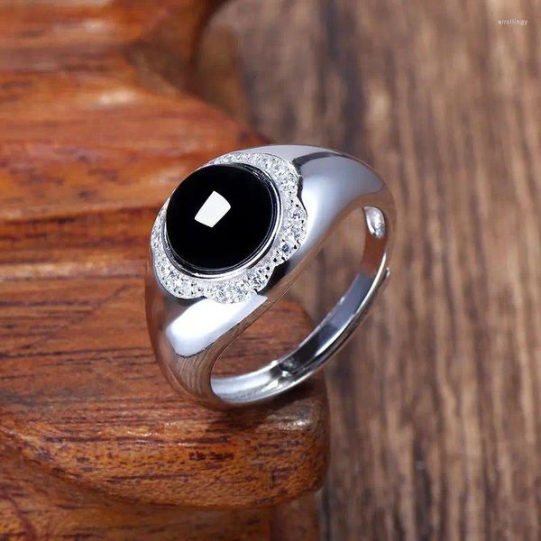 Cluster Ringe Mode Einfache 925 Silber Farbe Natürliche Schwarze Achat Für Männer Frauen Stein Einstellbar Party Schmuck Geschenke