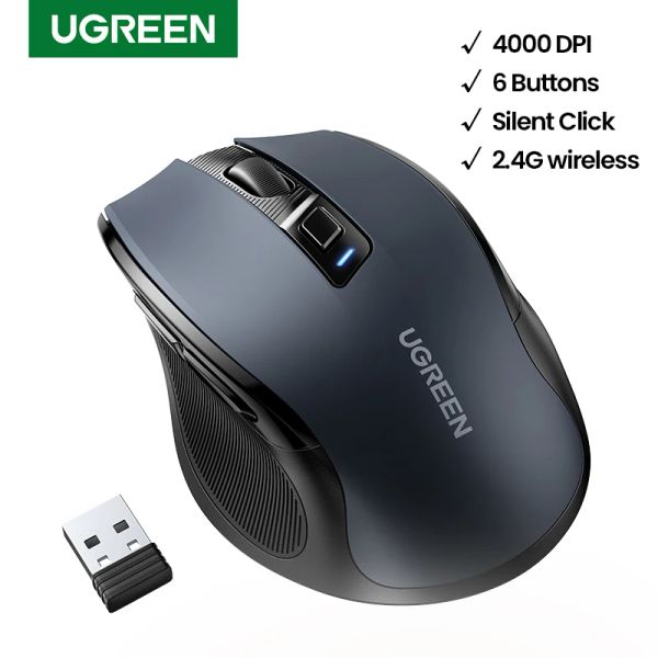 Tappetini per mouse Ugreen Mouse ergonomico wireless 4000 Dpi Silenzioso 6 pulsanti per tablet da libro Mouse muto per laptop Mouse silenzioso da 2,4 g