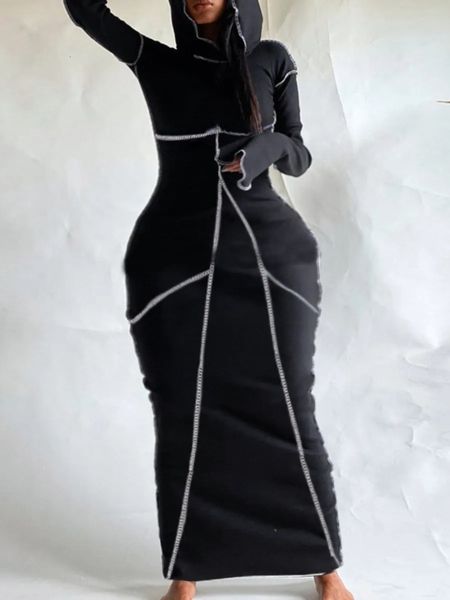 LW Plus Size Lady Sexy Damen Herbst-Winter-Kleid mit Kapuzenkragen, gestreift, figurbetont, elegant, schwarz, figurbetont, langärmelig, Sweat-Kleider 240228