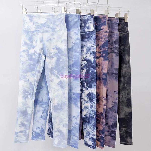 Leggings fitness moda Designer Lu-lu Tie Dye Pantaloni yoga Asciugatura rapida Vestibilità attillata Pantaloni a vita alta da donna Look atletico Render per esterni WQKU