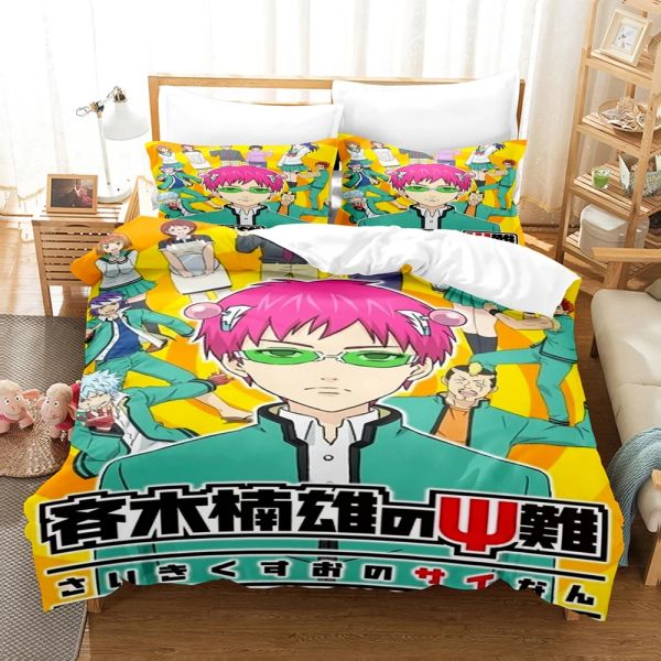 Definir anime A vida desastrosa de Saiki K Kusuo Conjunto de roupas de cama meninos meninas Twin size size de edreca de edreca de cama para crianças crianças adultas pura cortinas