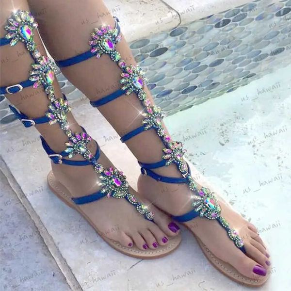 Sandalet Yaz Daireleri Sandal Gladyatör Altın Rhinestone Diz Yüksek Toka Kayışı Kadın Botlar Kristal Plaj Ayakkabıları Artı Boyut 43 T240306