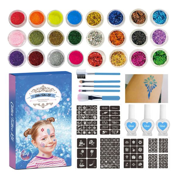 Kit Set di tatuaggi temporanei glitterati con diamanti colorati Set di pennelli per trucco in polvere glitterata Colla per tatuaggi Kit per body art per viso per feste per bambini