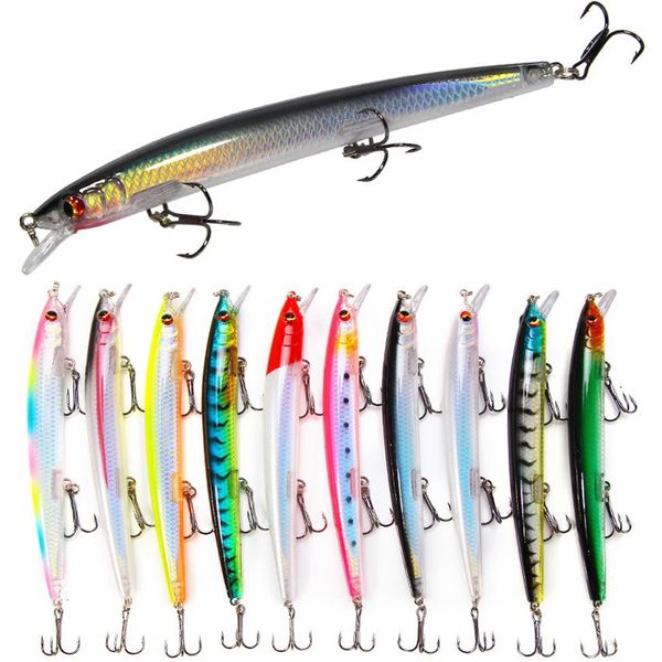 10 pçslot longo minnow isca de pesca 13cm 15g flutuante duro wobbler crankbait 3d olhos artificial isca truta pique carpa pesca 240223