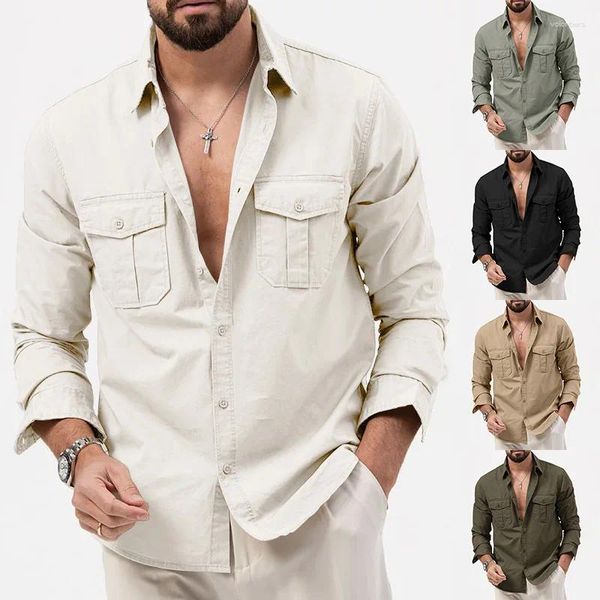 Camisas casuais masculinas primavera outono duplo bolso manga longa camisa gola de negócios social para homens jaqueta casaco