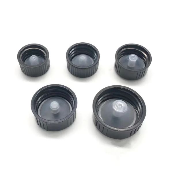 Garrafas 100pcs 18mm 24mm 28400 Tampa de garrafa de óleo essencial parafuso tampa de baquelite tampa de resina fenólica transparente plugue interno plástico preto