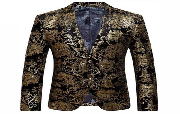 Blazer in oro nero da uomo con motivo floreale paisley giacca da abito da sposa slim fit costumi eleganti abbigliamento da scena per blazer da uomo design6390845