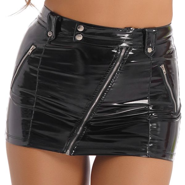 Rock Womens High Taille Picked Reißverschluss Schwarz heißer kurzer Miniröge Festival Rave Party Clubwear Nass Look Patent Leder Minirock