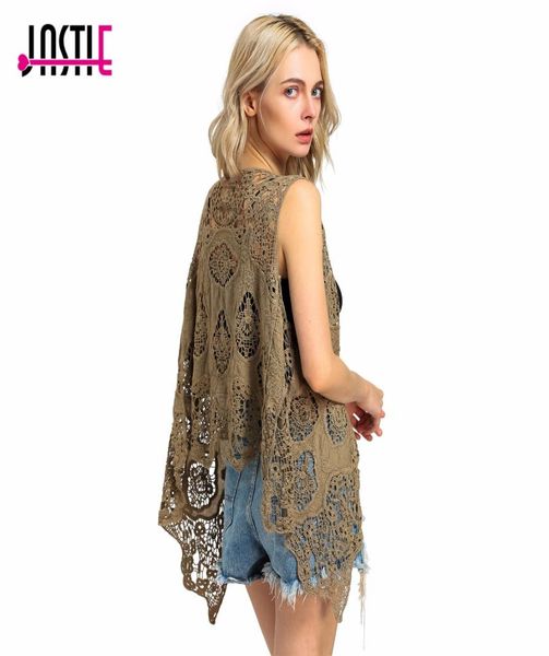 WholeJastie Hippie Froral Patch Design Colete Vintage Crochê Verão Praia Cobertura Assimétrica Ponto Aberto Kimono Z637467041