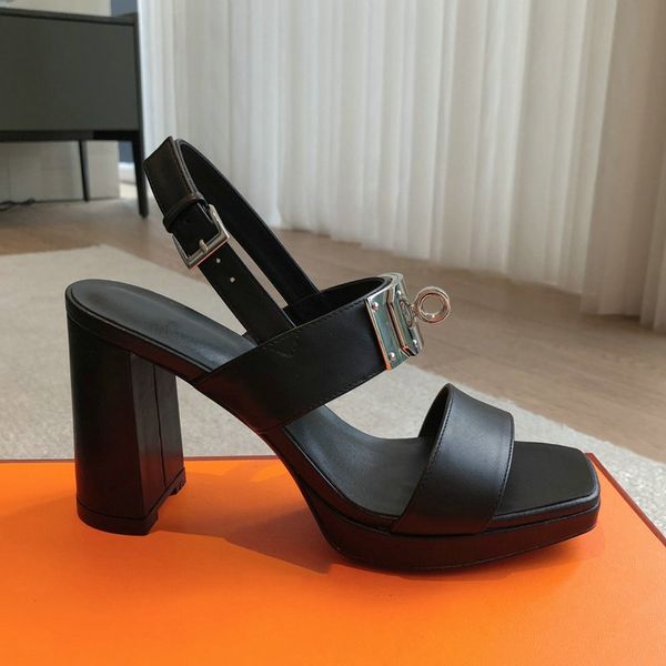 Sapatos de grife sandálias femininas de salto alto sapatos formais nova plataforma impermeável sandálias de salto grosso luxo clássico Kelly fivela dedo do pé aberto e salto alto de couro